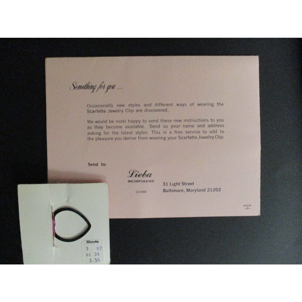 Vintage Mid-Century Lieba Scarfette Jewelery Clip Original Tag & Instructions - Picture 3 of 8